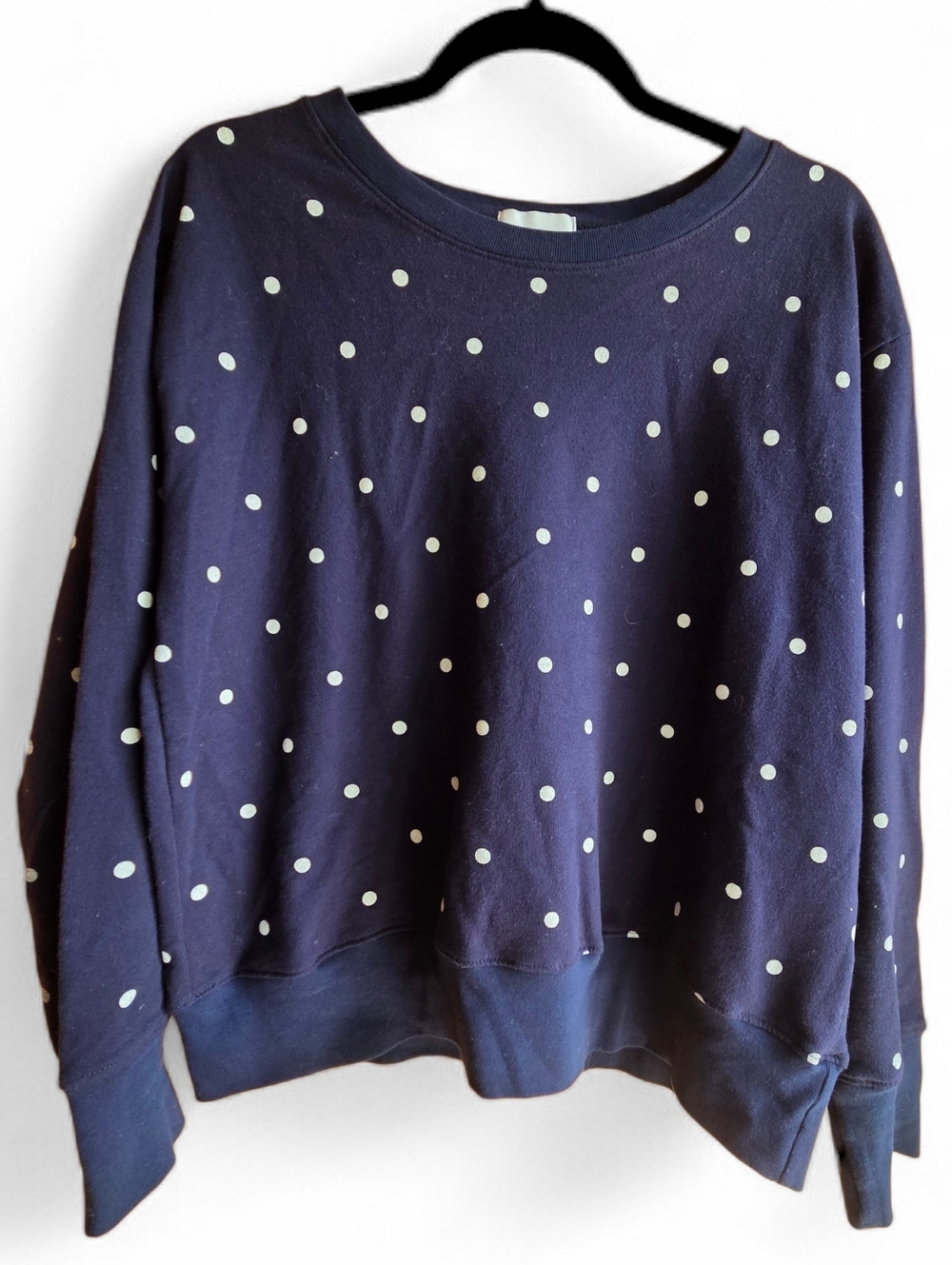 FOUND Denim Blue Polka Dot Sweatshirt XS French Girl Crewneck Casual Luxe Top - Picture 5 of 5